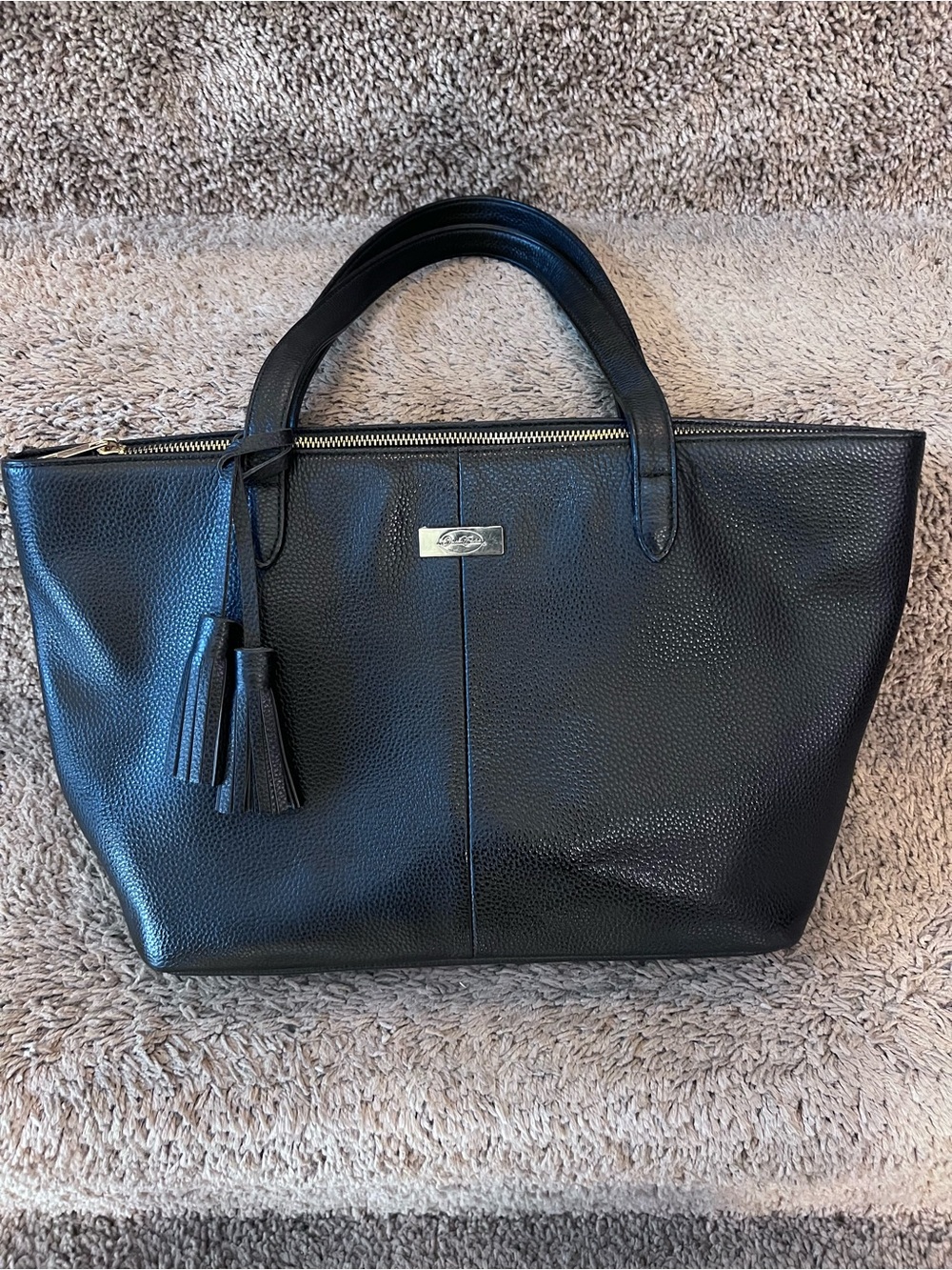 Onna Ehrlich Black Leather Tote Shoulder Bag Tassel Accent Zipper Top Medium